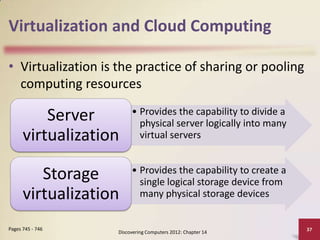 Virtualization and Cloud Computing

• Virtualization is the practice of sharing or pooling
  computing resources
                         • Provides the capability to divide a
          Server           physical server logically into many
      virtualization       virtual servers


                         • Provides the capability to create a
         Storage           single logical storage device from
      virtualization       many physical storage devices


Pages 745 - 746                                                  37
                    Discovering Computers 2012: Chapter 14
 