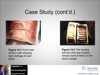 Case Study (cont’d.)




Figure 14-1 Front seat      Figure 14-2 The heating
driver’s side showing       element that was located
heat damage of seat         directly behind fabric on the
fabric.                     seat’s upright.




                                           © 2009 Delmar, Cengage Learning
 