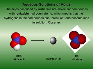 Aqueous Solutions of Acids
 The acids described by Arrhenius are molecular compounds
   with ionizable hydrogen atoms, which means that the
hydrogens in the compounds can “break off” and become ions
                    in solution. Observe:


                                                            -
                                   +




         HNO3                    H+              NO3-
      Nitric Acid           Hydrogen Ion      Nitrate Ion
 