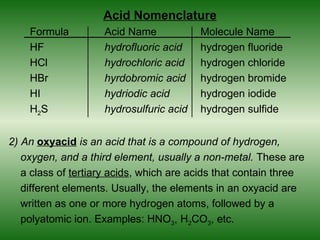 Acid Nomenclature
    Formula         Acid Name            Molecule Name
    HF              hydrofluoric acid    hydrogen fluoride
    HCl             hydrochloric acid    hydrogen chloride
    HBr             hyrdobromic acid     hydrogen bromide
    HI              hydriodic acid       hydrogen iodide
    H2S             hydrosulfuric acid   hydrogen sulfide


2) An oxyacid is an acid that is a compound of hydrogen,
   oxygen, and a third element, usually a non-metal. These are
   a class of tertiary acids, which are acids that contain three
   different elements. Usually, the elements in an oxyacid are
   written as one or more hydrogen atoms, followed by a
   polyatomic ion. Examples: HNO3, H2CO3, etc.
 