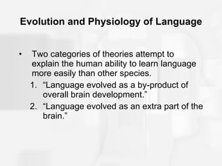 Evolution and Physiology of Language Two categories of theories attempt to explain the human ability to learn language more easily than other species. “Language evolved as a by-product of overall brain development.” “Language evolved as an extra part of the brain.” 