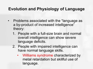 Evolution and Physiology of Language Problems associated with the “language as a by-product of increased intelligence” theory: People with a full-size brain and normal overall intelligence can show severe language deficits. People with impaired intelligence can have normal language skills. Williams syndrome  characterized by metal retardation but skillful use of language. 