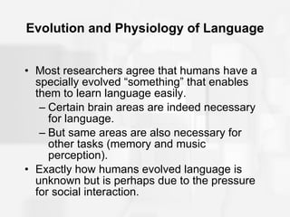 Evolution and Physiology of Language Most researchers agree that humans have a specially evolved “something” that enables them to learn language easily. Certain brain areas are indeed necessary for language. But same areas are also necessary for other tasks (memory and music perception). Exactly how humans evolved language is unknown but is perhaps due to the pressure for social interaction. 