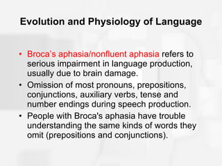 Evolution and Physiology of Language Broca’s aphasia/nonfluent aphasia  refers to serious impairment in language production,  usually due to brain damage. Omission of most pronouns, prepositions, conjunctions, auxiliary verbs, tense and number endings during speech production. People with Broca's aphasia have trouble understanding the same kinds of words they omit (prepositions and conjunctions). 