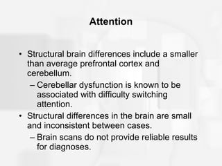 Attention Structural brain differences include a smaller than average prefrontal cortex and cerebellum. Cerebellar dysfunction is known to be associated with difficulty switching attention. Structural differences in the brain are small and inconsistent between cases. Brain scans do not provide reliable results for diagnoses. 
