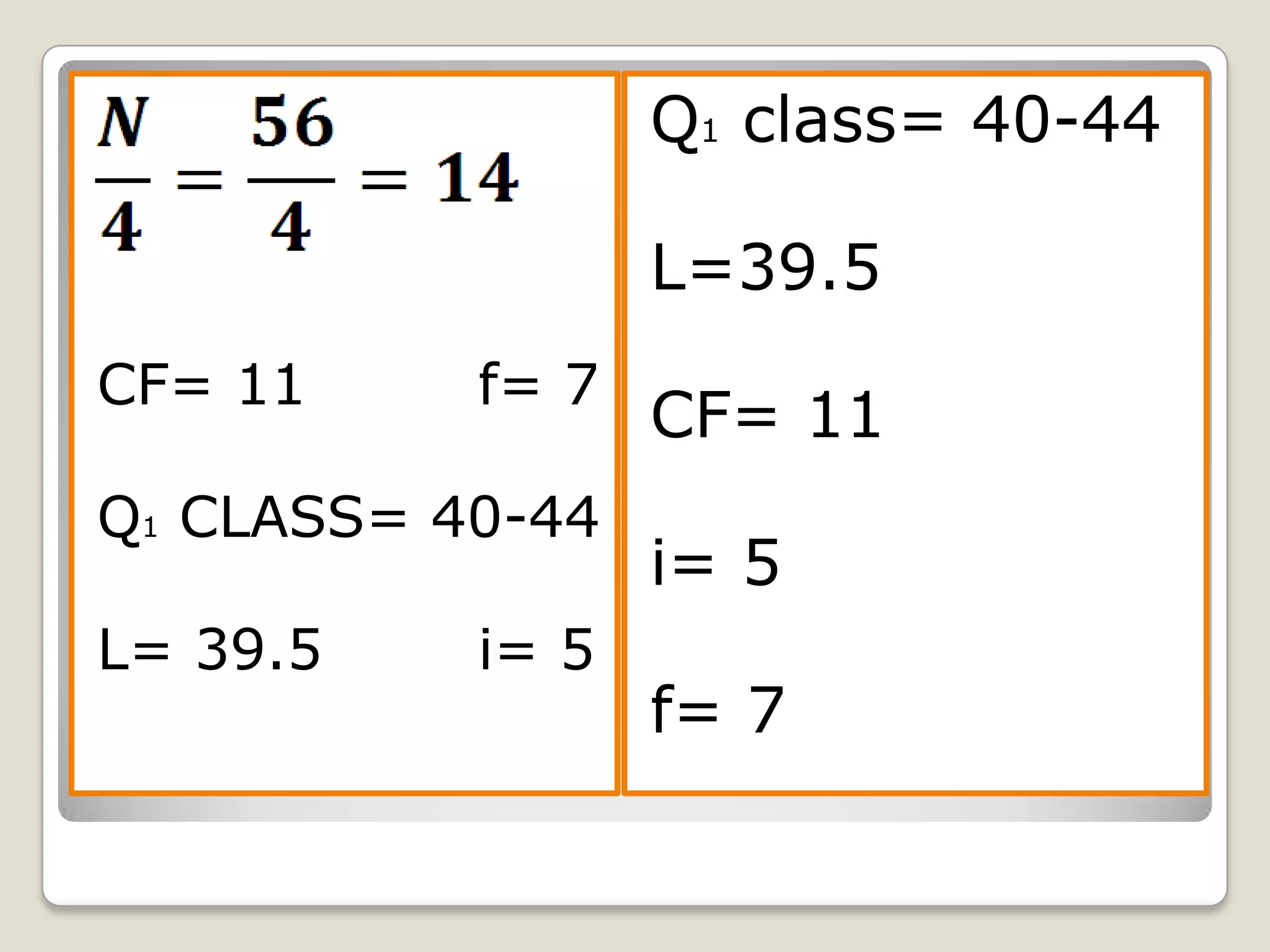 CF= 11 f= 7
Q1 CLASS= 40-44
L= 39.5 i= 5
Q1 class= 40-44
L=39.5
CF= 11
i= 5
f= 7
 