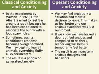 Classical Conditioning
and Anxiety

Operant Conditioning
and Anxiety

 In the experiment by
Watson in 1920, Little
Albert learned to feel fear
around a rabbit because he
had been conditioned to
associate the bunny with a
loud scary noise.
 Sometimes, such a
conditioned response
becomes overgeneralized.
We may begin to fear all
animals, everything fluffy,
all experimenters.
 The result is a phobia or
generalized anxiety.

 We may feel anxious in a
situation and make a
decision to leave. This makes
us feel better and our
anxious avoidance was just
reinforced.
 If we know we have locked a
door but feel anxious and
compelled to re-check,
rechecking will help us
temporarily feel better.
 The result is an increase in
anxious thoughts and
behaviors.

 