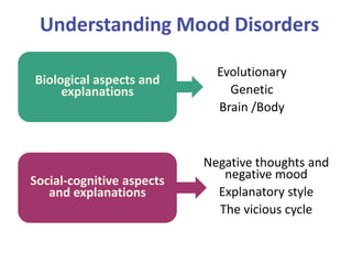 Understanding Mood Disorders
Biological aspects and
explanations

Social-cognitive aspects
and explanations

Evolutionary
Genetic
Brain /Body

Negative thoughts and
negative mood
Explanatory style
The vicious cycle

 