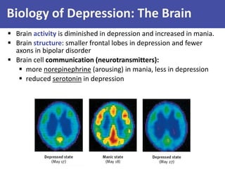 Biology of Depression: The Brain
 Brain activity is diminished in depression and increased in mania.
 Brain structure: smaller frontal lobes in depression and fewer
axons in bipolar disorder
 Brain cell communication (neurotransmitters):
 more norepinephrine (arousing) in mania, less in depression
 reduced serotonin in depression

 