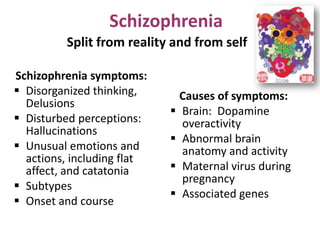 Schizophrenia
Split from reality and from self
Schizophrenia symptoms:
 Disorganized thinking,
Delusions
 Disturbed perceptions:
Hallucinations
 Unusual emotions and
actions, including flat
affect, and catatonia
 Subtypes
 Onset and course

Causes of symptoms:
 Brain: Dopamine
overactivity
 Abnormal brain
anatomy and activity
 Maternal virus during
pregnancy
 Associated genes

 