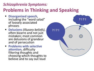 Schizophrenia Symptoms:

Problems in Thinking and Speaking
 Disorganized speech,
including the “word salad”
of loosely associated
phrases
 Delusions (illusory beliefs),
often bizarre and not just
mistaken; most common
are delusions of grandeur
and of persecution
 Problems with selective
attention, difficulty
filtering thoughts and
choosing which thoughts to
believe and to say out loud

?!?!
?!?!

 