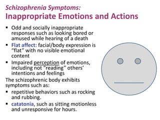 Schizophrenia Symptoms:

Inappropriate Emotions and Actions
 Odd and socially inappropriate
responses such as looking bored or
amused while hearing of a death
 Flat affect: facial/body expression is
“flat” with no visible emotional
content
 Impaired perception of emotions,
including not “reading” others’
intentions and feelings
The schizophrenic body exhibits
symptoms such as:
 repetitive behaviors such as rocking
and rubbing.
 catatonia, such as sitting motionless
and unresponsive for hours.

 