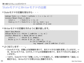 第14章 もうちょっとだけモナド

StateモナドとWriterモナドの比較
 Stateモナドの定義を見ながら・・・
newtype State s a = State { runState :: ( s -> (a, s) ) }
instance Monad (State s) where
return x
= State $ s -> (x, s)
State g >>= f = State $ s -> let (a, stat) = g s
in runState (f a) stat

 Writerモナドの定義を次のように書き直します。
import Data.Monoid
newtype Writer w a = Writer { runWriter :: (a, w) }
instance (Monoid w) => Monad (Writer w) where
return x
= Writer $ (x, mempty)
Writer g >>= f = Writer $ let (a, log) = g
in (fst $ runWriter (f a),
log `mappend` (snd $ runWriter (f a)))

 よく似ています・・・。

33

– Stateモナドは、状態(s)の初期値を受けて、各モナドがその値を変更していきます。一
方、Writerモナドは、ログ(モノイドw)の初期値を受けて、各モナドがログに追記して
いきます。
– つまり、Stateモナドの「状態」にモノイドを指定して、状態の変更操作を「追記」に
限定すると、Writerモナドが得られると想像できます。
Open Cloud Campus

 