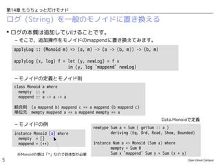 第14章 もうちょっとだけモナド

ログ（String）を一般のモノイドに置き換える
 ログの本質は追加していけることです。
– そこで、追加操作をモノイドのmappendに置き換えてみます。
applyLog :: (Monoid m) => (a, m) -> (a -> (b, m)) -> (b, m)
applyLog (x, log) f = let (y, newLog) = f x
in (y, log `mappend` newLog)
– モノイドの定義とモノイド則
class Monoid a where
mempty :: a
mappend :: a -> a -> a
結合則　(a mappend b) mappend c == a mappend (b mappend c)
単位元　mempty mappend a == a mappend mempty == a

– モノイドの例
instance Monoid [a] where
mempty = []
mappend = (++)
※Monoidの類は「*」なので具体型が必要

5

Data.Monoidで定義
newtype Sum a = Sum { getSum :: a }
deriving (Eq, Ord, Read, Show, Bounded)
instance Num a => Monoid (Sum a) where
mempty = Sum 0
Sum x `mappend` Sum y = Sum (x + y)
Open Cloud Campus

 