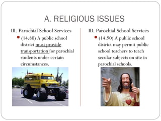 A. RELIGIOUS ISSUES
III. Parochial School Services

III. Parochial School Services

(14:80) A public school

(14:90) A public school

district must provide
transportation for parochial
students under certain
circumstances.

district may permit public
school teachers to teach
secular subjects on site in
parochial schools.

 