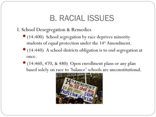 B. RACIAL ISSUES
I. School Desegregation & Remedies
(14:400) School segregation by race deprives minority

students of equal protection under the 14th Amendment.
(14:440) A school districts obligation is to end segregation at
once.
(14:460, 470, & 480) Open enrollment plans or any plan
based solely on race to ‘balance’ schools are unconstitutional.

 