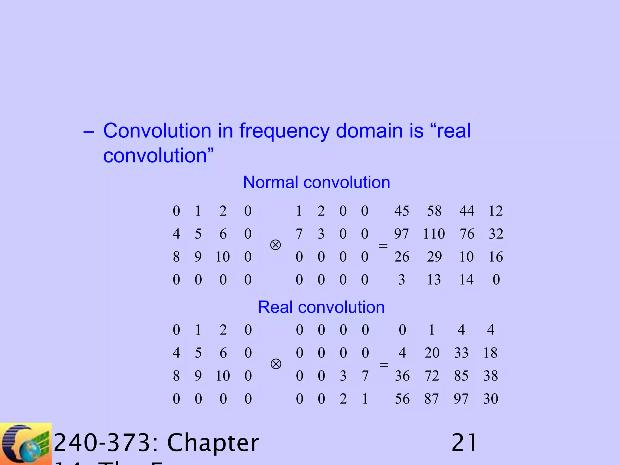 – Convolution in frequency domain is “real
convolution”
Normal convolution
0 1

2

0

4 5

6

1 2 0 0

0

⊗

8 9 10 0
0 0

0

0

7 3 0 0
0 0 0 0

45
=

0 0 0 0

58

44 12

97 110 76 32
26

29

10 16

3

13

14

0

Real convolution
0
4
8
0

1 2 0
5 6 0
9 10 0
0 0 0

240-373: Chapter

0
0
⊗
0
0

0
0
0
0

0
0
3
2

0
0 1 4 4
0
4 20 33 18
=
7
36 72 85 38
1
56 87 97 30

21

 
