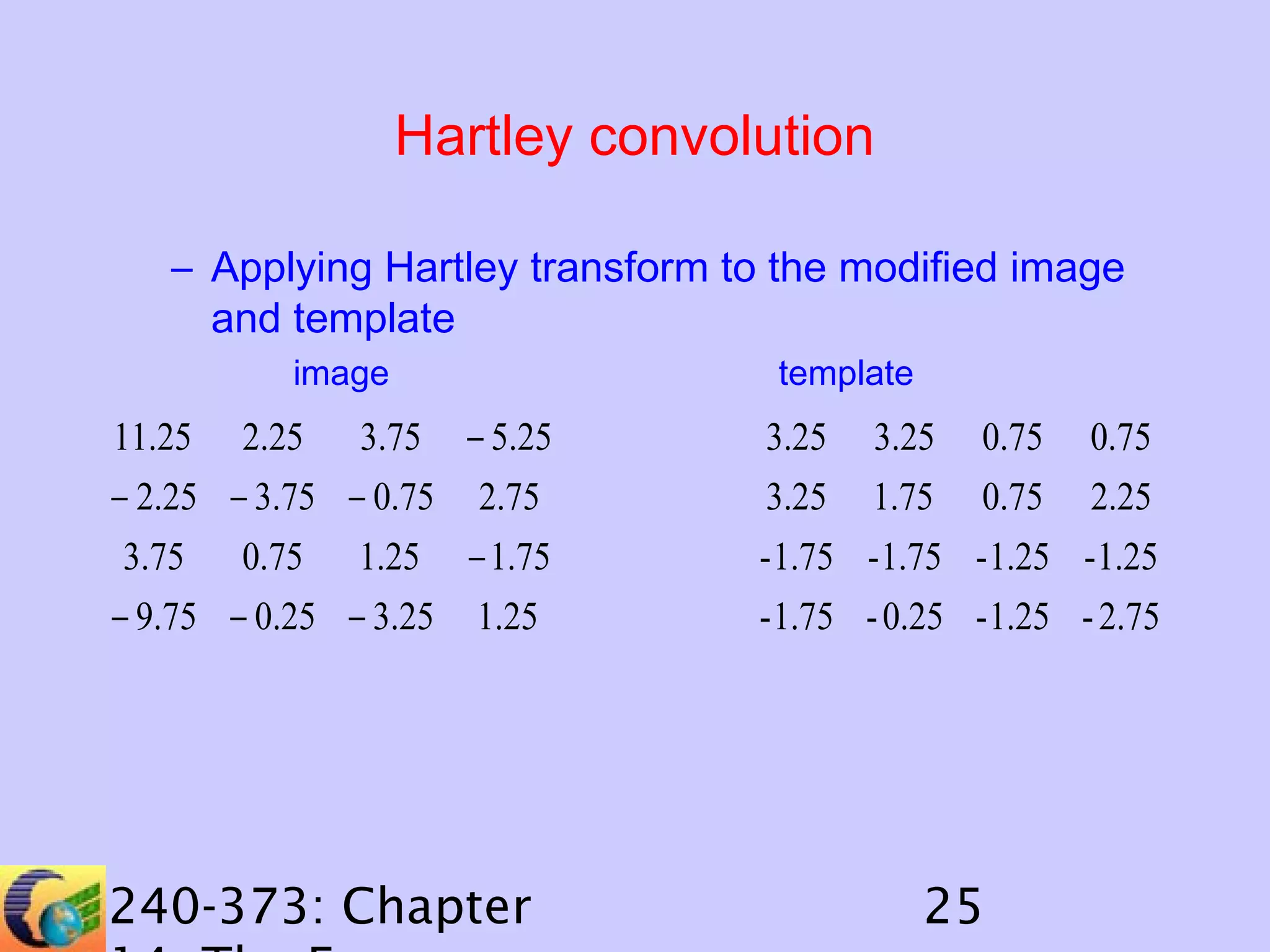 Hartley convolution
– Applying Hartley transform to the modified image
and template
image

template

11.25 2.25 3.75 − 5.25
− 2.25 − 3.75 − 0.75 2.75

3.25
3.25

3.75 0.75 1.25 − 1.75
− 9.75 − 0.25 − 3.25 1.25

- 1.75 - 1.75 - 1.25 - 1.25
- 1.75 - 0.25 - 1.25 - 2.75

240-373: Chapter

25

3.25
1.75

0.75
0.75

0.75
2.25

 