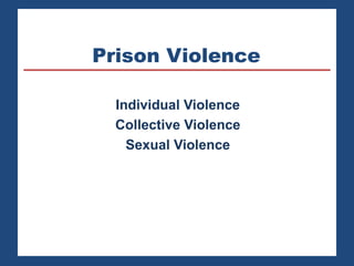 Prison Violence
Individual Violence
Collective Violence
Sexual Violence
 
