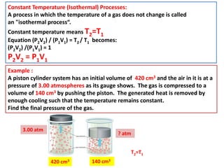 Constant Temperature (Isothermal) Processes:
A process in which the temperature of a gas does not change is called
an "isothermal process“.
Constant temperature means T2=T1
Equation (P2V2) / (P1V1) = T2 / T1 becomes:
(P2V2) /(P1V1) = 1
P2V2 = P1V1
Example :
A piston cylinder system has an initial volume of 420 cm3 and the air in it is at a
pressure of 3.00 atmospheres as its gauge shows. The gas is compressed to a
volume of 140 cm3 by pushing the piston. The generated heat is removed by
enough cooling such that the temperature remains constant.
Find the final pressure of the gas.
140 cm3
420 cm3
3.00 atm
? atm
T2=T1
 