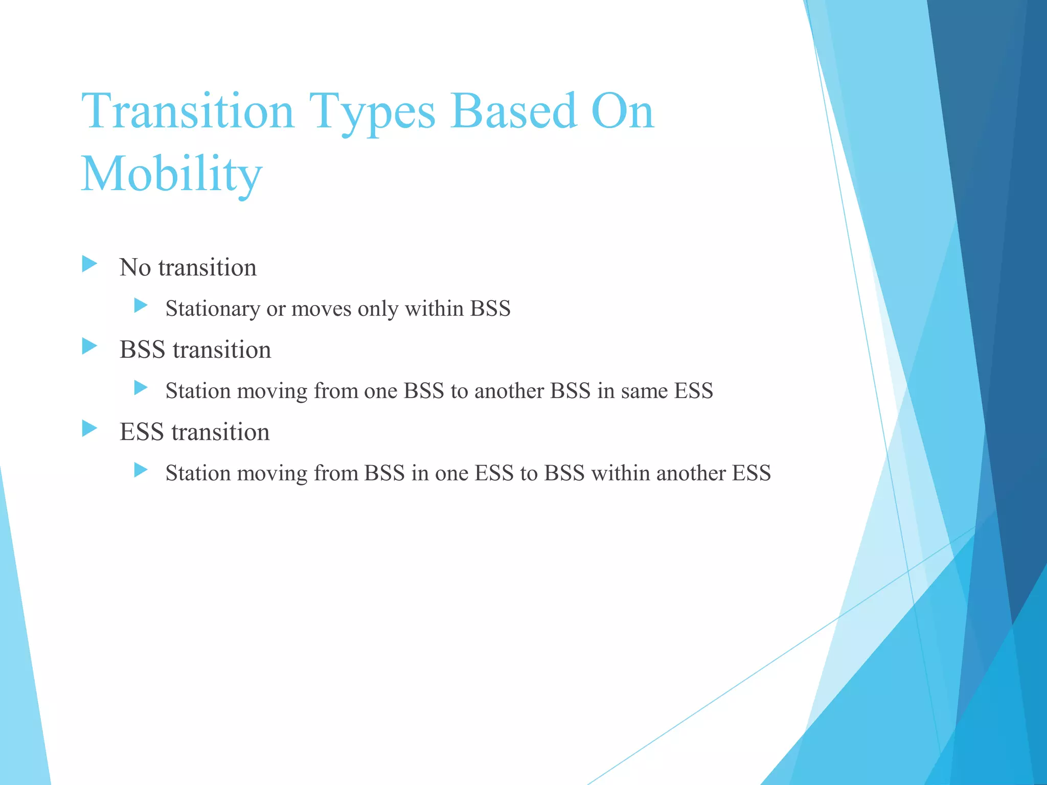 Transition Types Based On
Mobility
 No transition
 Stationary or moves only within BSS
 BSS transition
 Station moving from one BSS to another BSS in same ESS
 ESS transition
 Station moving from BSS in one ESS to BSS within another ESS
 