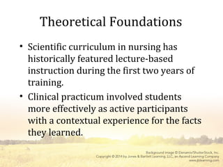 Theoretical Foundations
• Scientific curriculum in nursing has
historically featured lecture-based
instruction during the first two years of
training.
• Clinical practicum involved students
more effectively as active participants
with a contextual experience for the facts
they learned.
 