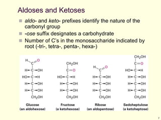 7
Aldoses and Ketoses
 aldo- and keto- prefixes identify the nature of the
carbonyl group
 -ose suffix designates a carbohydrate
 Number of C’s in the monosaccharide indicated by
root (-tri-, tetra-, penta-, hexa-)
 