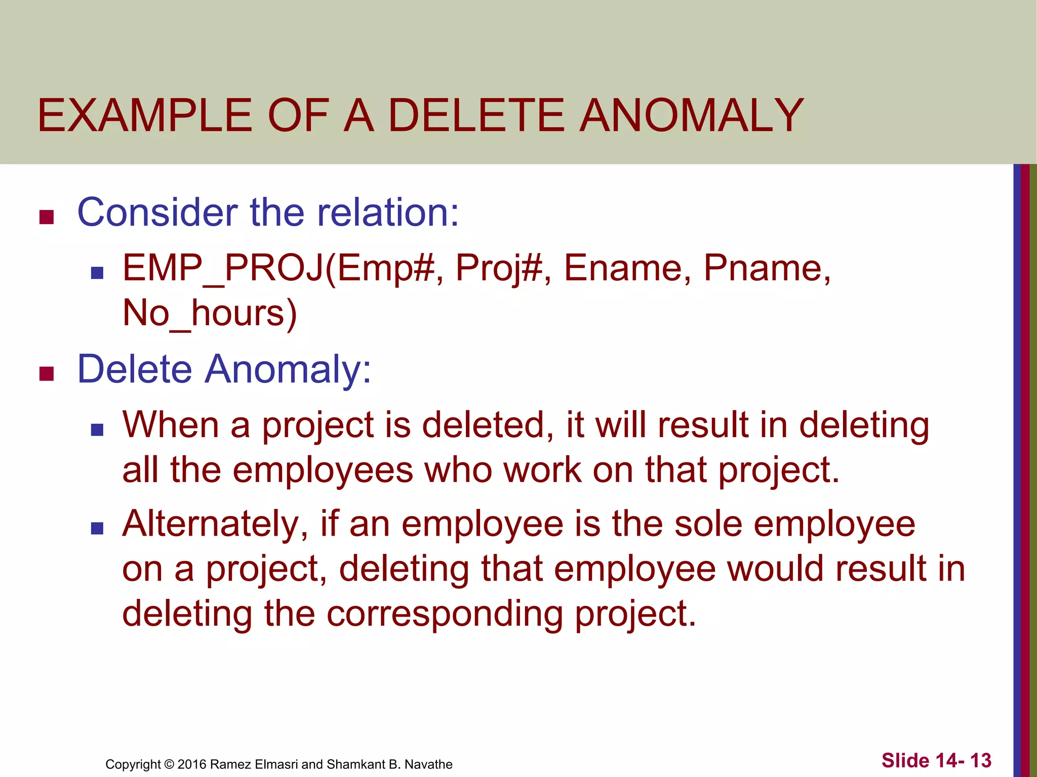 Copyright © 2016 Ramez Elmasri and Shamkant B. Navathe
EXAMPLE OF A DELETE ANOMALY
 Consider the relation:
 EMP_PROJ(Emp#, Proj#, Ename, Pname,
No_hours)
 Delete Anomaly:
 When a project is deleted, it will result in deleting
all the employees who work on that project.
 Alternately, if an employee is the sole employee
on a project, deleting that employee would result in
deleting the corresponding project.
Slide 14- 13
 
