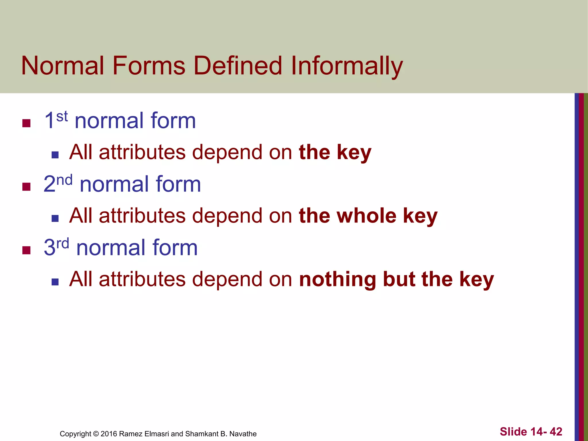 Copyright © 2016 Ramez Elmasri and Shamkant B. Navathe
Normal Forms Defined Informally
 1st normal form
 All attributes depend on the key
 2nd normal form
 All attributes depend on the whole key
 3rd normal form
 All attributes depend on nothing but the key
Slide 14- 42
 