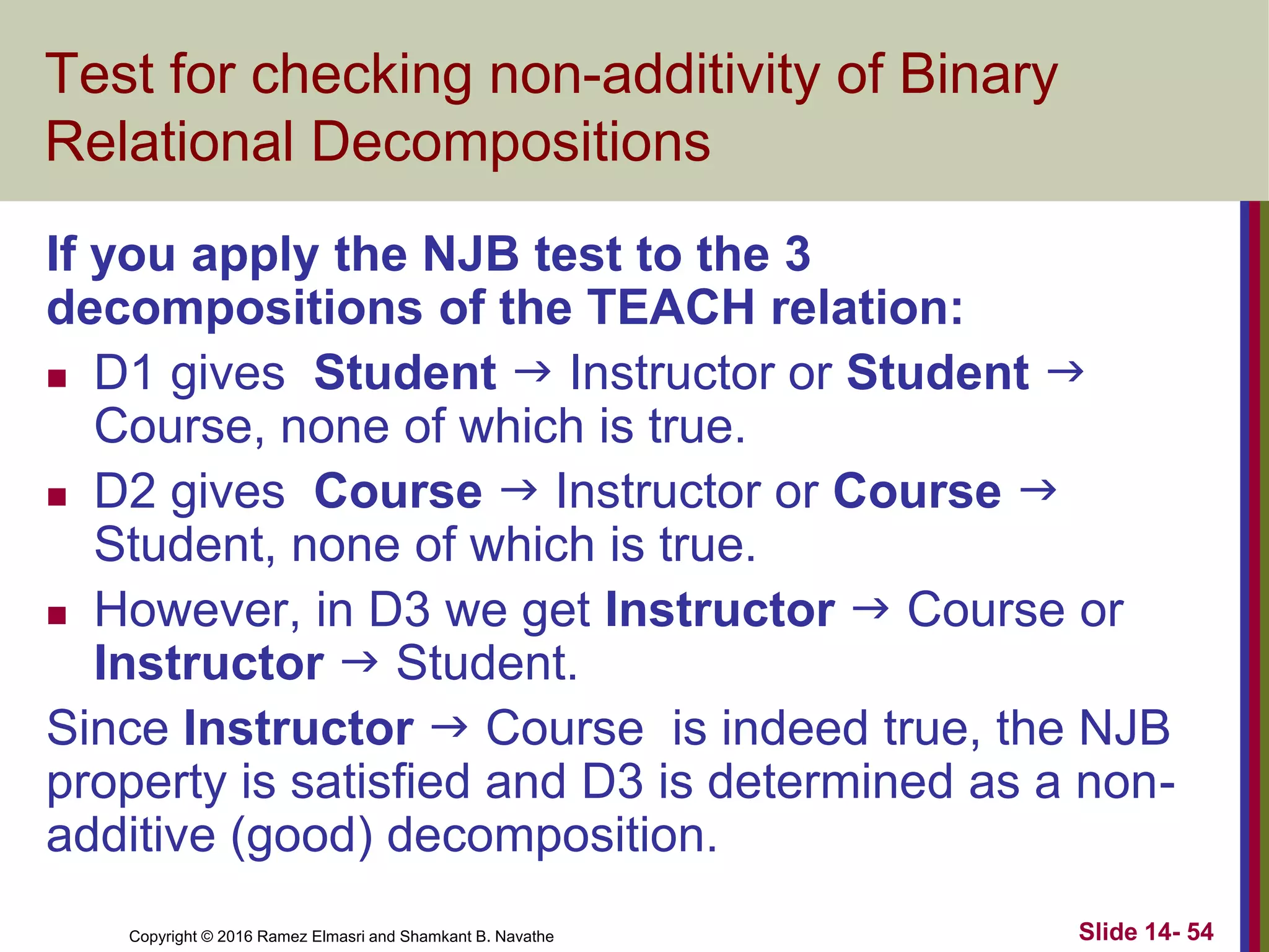 Copyright © 2016 Ramez Elmasri and Shamkant B. Navathe Slide 14- 54
Test for checking non-additivity of Binary
Relational Decompositions
If you apply the NJB test to the 3
decompositions of the TEACH relation:
 D1 gives Student  Instructor or Student 
Course, none of which is true.
 D2 gives Course  Instructor or Course 
Student, none of which is true.
 However, in D3 we get Instructor  Course or
Instructor  Student.
Since Instructor  Course is indeed true, the NJB
property is satisfied and D3 is determined as a non-
additive (good) decomposition.
 
