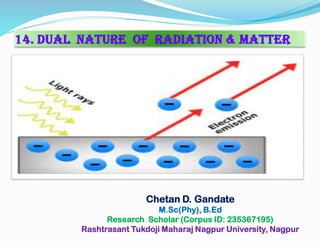 14. Dual Nature of Radiation & Matter
Chetan D. Gandate
M.Sc(Phy), B.Ed
Research Scholar (Corpus ID: 235367195)
Rashtrasant Tukdoji Maharaj Nagpur University, Nagpur
 