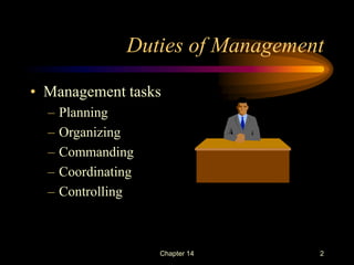 Chapter 14 2
Duties of Management
• Management tasks
– Planning
– Organizing
– Commanding
– Coordinating
– Controlling
 