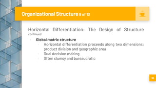 Organizational Structure 9 of 13
Horizontal Differentiation: The Design of Structure
continued
▪ Global matrix structure
▫ Horizontal differentiation proceeds along two dimensions:
product division and geographic area
▫ Dual decision making
▫ Often clumsy and bureaucratic
18
 
