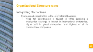 23
Organizational Structure 10 of 13
Integrating Mechanisms
▪ Strategy and coordination in the international business
▫ Need for coordination is lowest in firms pursuing a
localization strategy, is higher in international companies,
higher still in global companies, and highest of all in
transnational companies
 