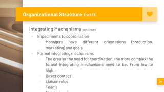 Organizational Structure 11 of 13
Integrating Mechanisms continued
▪ Impediments to coordination
▫ Managers have different orientations (production,
marketing) and goals
▪ Formal integrating mechanisms
▫ The greater the need for coordination, the more complex the
formal integrating mechanisms need to be. From low to
high:
▫ Direct contact
▫ Liaison roles
▫ Teams
24
 