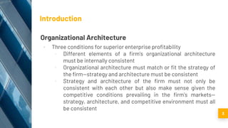 Introduction
Organizational Architecture
▪ Three conditions for superior enterprise profitability
▫ Different elements of a firm’s organizational architecture
must be internally consistent
▫ Organizational architecture must match or fit the strategy of
the firm—strategy and architecture must be consistent
▫ Strategy and architecture of the firm must not only be
consistent with each other but also make sense given the
competitive conditions prevailing in the firm’s markets—
strategy, architecture, and competitive environment must all
be consistent
3
 