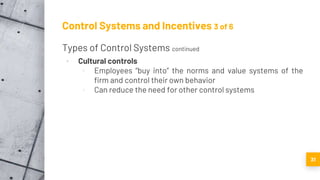 Control Systems and Incentives 3 of 6
Types of Control Systems continued
▪ Cultural controls
▫ Employees “buy into” the norms and value systems of the
firm and control their own behavior
▫ Can reduce the need for other control systems
31
 