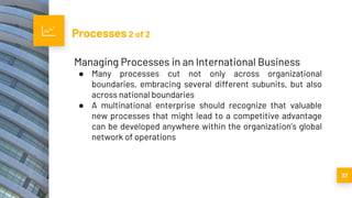 Processes 2 of 2
37
Managing Processes in an International Business
● Many processes cut not only across organizational
boundaries, embracing several different subunits, but also
across national boundaries
● A multinational enterprise should recognize that valuable
new processes that might lead to a competitive advantage
can be developed anywhere within the organization’s global
network of operations
 