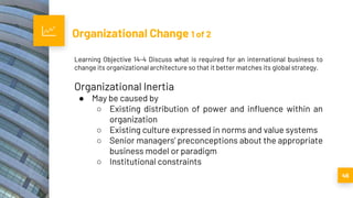 Organizational Change 1 of 2
46
Learning Objective 14-4 Discuss what is required for an international business to
change its organizational architecture so that it better matches its global strategy.
Organizational Inertia
● May be caused by
○ Existing distribution of power and influence within an
organization
○ Existing culture expressed in norms and value systems
○ Senior managers’ preconceptions about the appropriate
business model or paradigm
○ Institutional constraints
 