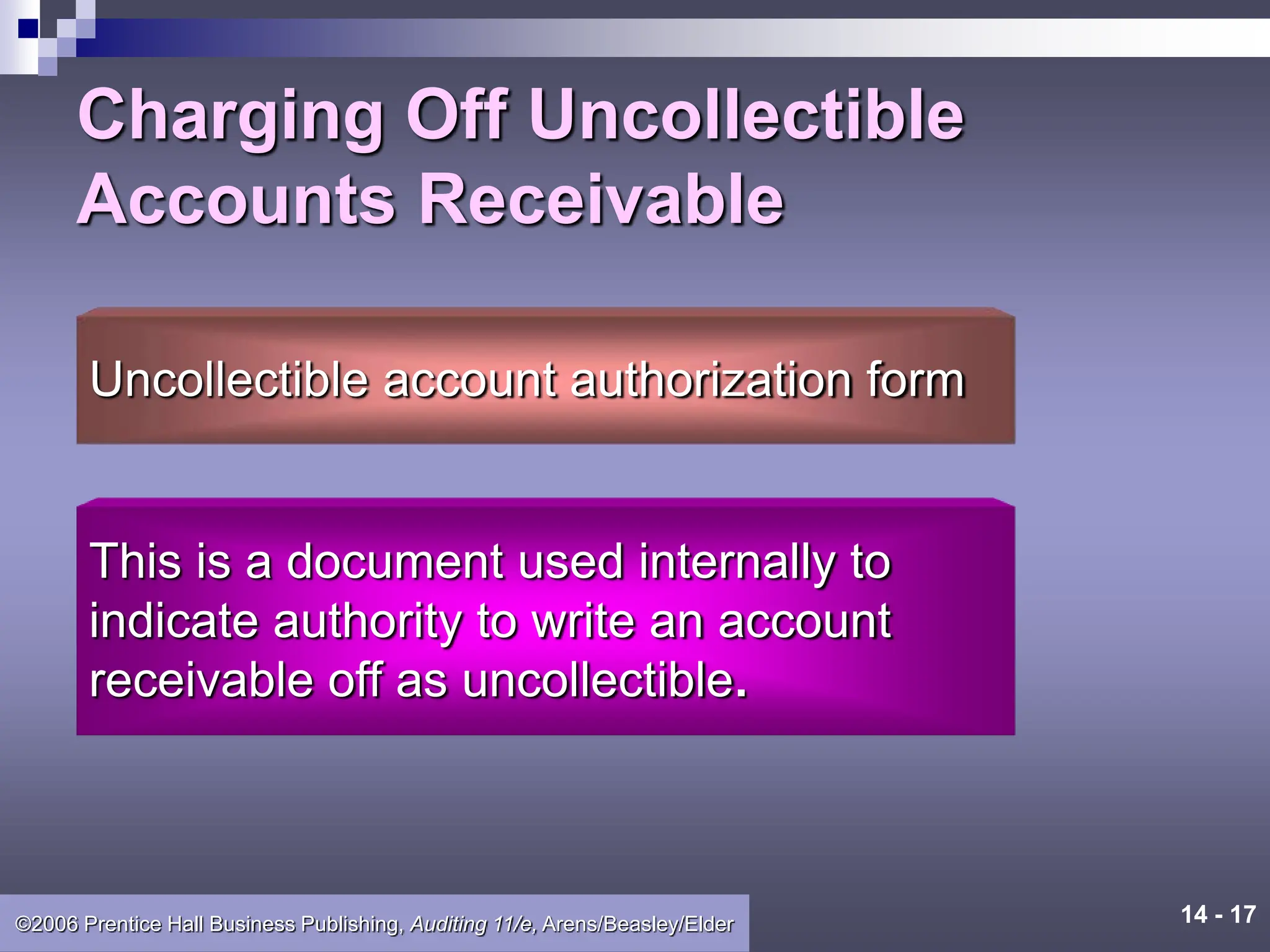 14 - 17
©2006 Prentice Hall Business Publishing, Auditing 11/e, Arens/Beasley/Elder
Charging Off Uncollectible
Accounts Receivable
Uncollectible account authorization form
This is a document used internally to
indicate authority to write an account
receivable off as uncollectible.
 