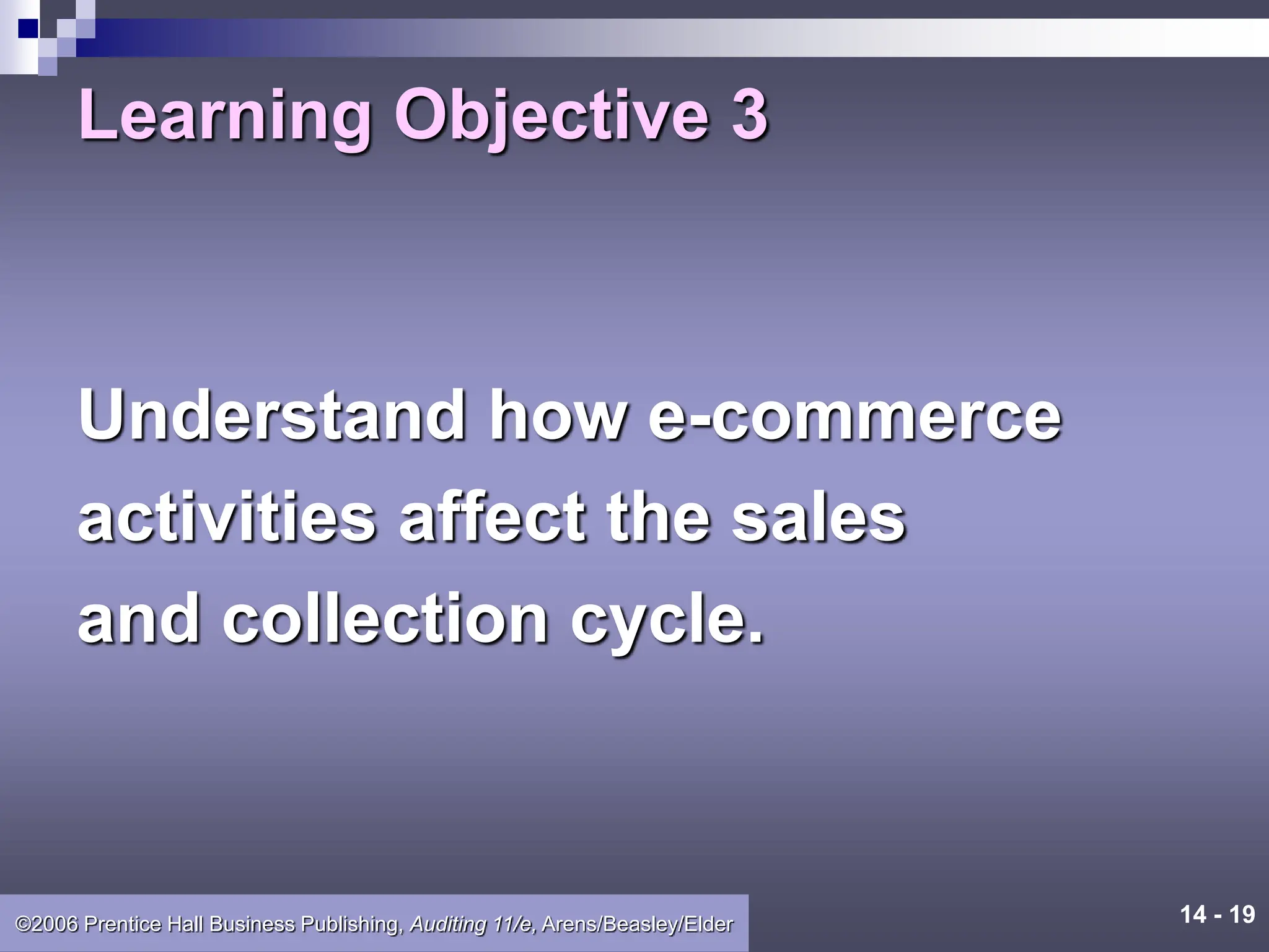 14 - 19
©2006 Prentice Hall Business Publishing, Auditing 11/e, Arens/Beasley/Elder
Learning Objective 3
Understand how e-commerce
activities affect the sales
and collection cycle.
 