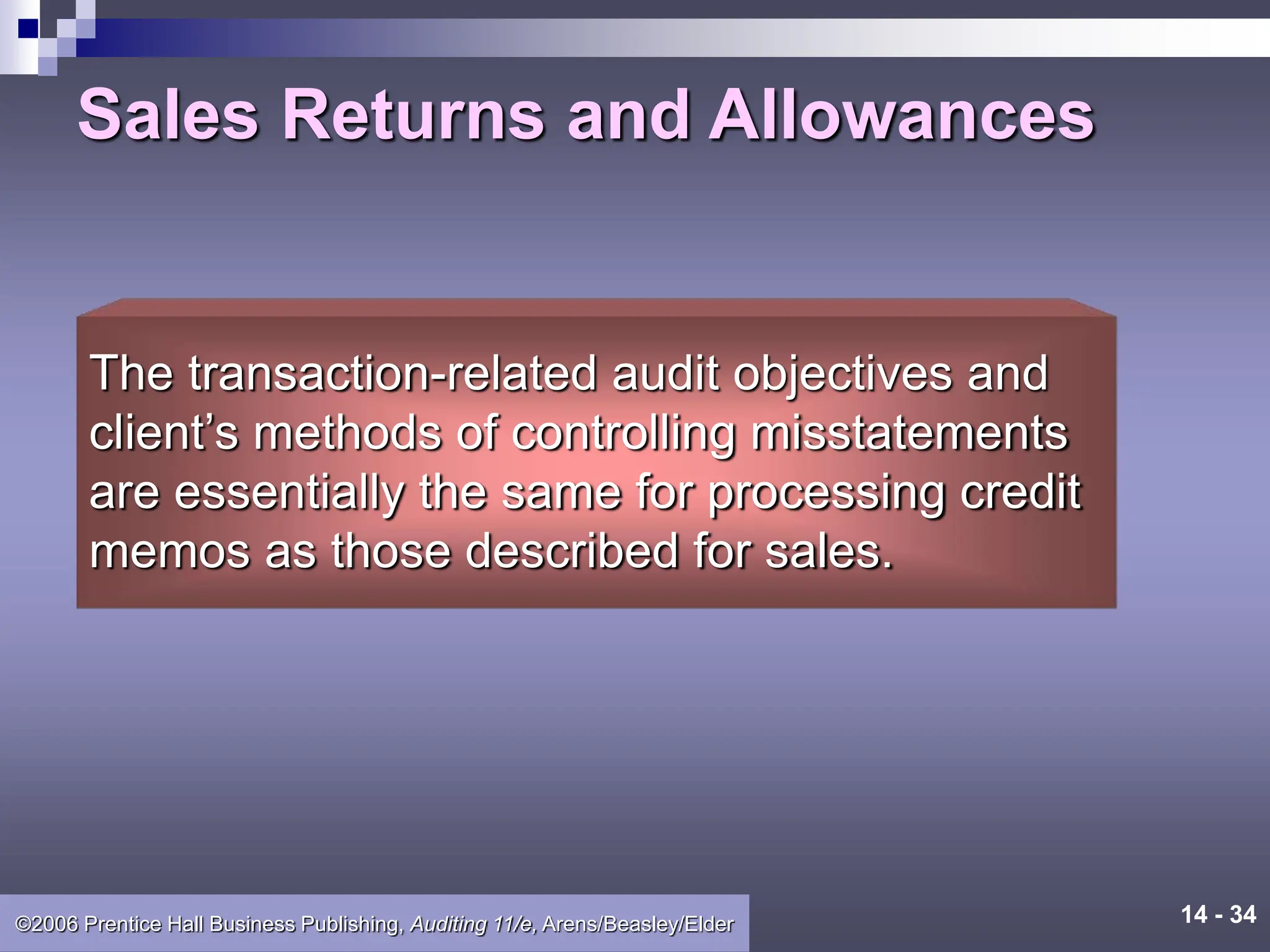 14 - 34
©2006 Prentice Hall Business Publishing, Auditing 11/e, Arens/Beasley/Elder
Sales Returns and Allowances
The transaction-related audit objectives and
client’s methods of controlling misstatements
are essentially the same for processing credit
memos as those described for sales.
 