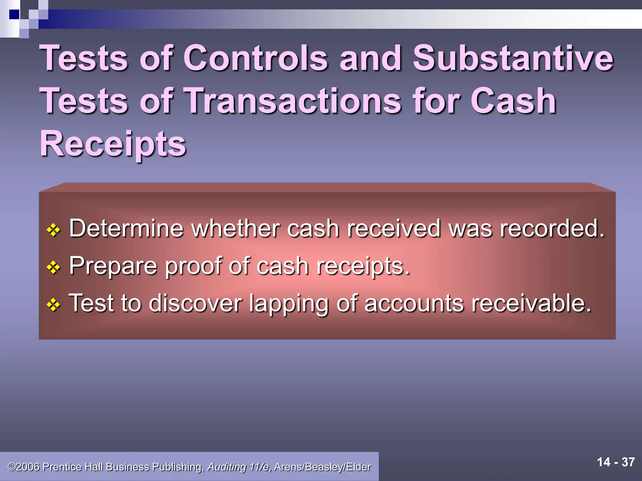 14 - 37
©2006 Prentice Hall Business Publishing, Auditing 11/e, Arens/Beasley/Elder
Tests of Controls and Substantive
Tests of Transactions for Cash
Receipts
 Determine whether cash received was recorded.
 Prepare proof of cash receipts.
 Test to discover lapping of accounts receivable.
 