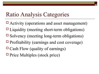 Ratio Analysis Categories
 Activity (operations and asset management)
 Liquidity (meeting short-term obligations)
 Solvency (meeting long-term obligations)
 Profitability (earnings and cost coverage)
 Cash Flow (quality of earnings)
 Price Multiples (stock price)
 