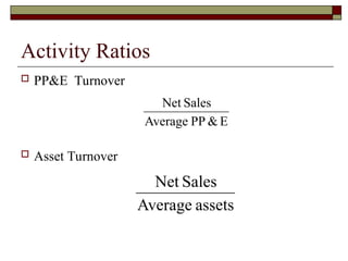 Activity Ratios
 PP&E Turnover
 Asset Turnover
E
&
PP
Average
Sales
Net
assets
Average
Sales
Net
 