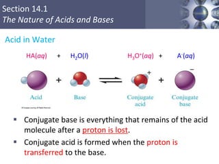 Section 14.1
The Nature of Acids and Bases
Copyright © Cengage Learning. All rights reserved 11
Acid in Water
HA(aq) + H2O(l) H3O+(aq) + A-(aq)
 Conjugate base is everything that remains of the acid
molecule after a proton is lost.
 Conjugate acid is formed when the proton is
transferred to the base.
 