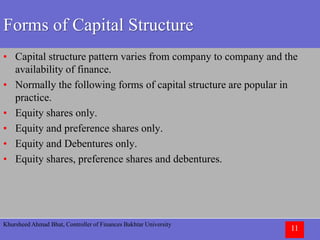 Khursheed Ahmad Bhat, Controller of Finances Bakhtar University
11
Forms of Capital Structure
• Capital structure pattern varies from company to company and the
availability of finance.
• Normally the following forms of capital structure are popular in
practice.
• Equity shares only.
• Equity and preference shares only.
• Equity and Debentures only.
• Equity shares, preference shares and debentures.
 