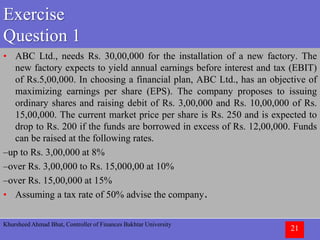 Khursheed Ahmad Bhat, Controller of Finances Bakhtar University
21
Exercise
Question 1
• ABC Ltd., needs Rs. 30,00,000 for the installation of a new factory. The
new factory expects to yield annual earnings before interest and tax (EBIT)
of Rs.5,00,000. In choosing a financial plan, ABC Ltd., has an objective of
maximizing earnings per share (EPS). The company proposes to issuing
ordinary shares and raising debit of Rs. 3,00,000 and Rs. 10,00,000 of Rs.
15,00,000. The current market price per share is Rs. 250 and is expected to
drop to Rs. 200 if the funds are borrowed in excess of Rs. 12,00,000. Funds
can be raised at the following rates.
–up to Rs. 3,00,000 at 8%
–over Rs. 3,00,000 to Rs. 15,000,00 at 10%
–over Rs. 15,00,000 at 15%
• Assuming a tax rate of 50% advise the company.
 