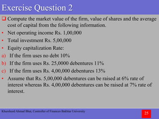 Khursheed Ahmad Bhat, Controller of Finances Bakhtar University
25
Exercise Question 2
 Compute the market value of the firm, value of shares and the average
cost of capital from the following information.
• Net operating income Rs. 1,00,000
• Total investment Rs. 5,00,000
• Equity capitalization Rate:
a) If the firm uses no debt 10%
b) If the firm uses Rs. 25,0000 debentures 11%
c) If the firm uses Rs. 4,00,000 debentures 13%
• Assume that Rs. 5,00,000 debentures can be raised at 6% rate of
interest whereas Rs. 4,00,000 debentures can be raised at 7% rate of
interest.
 