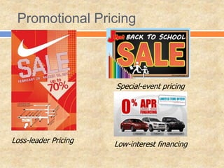 Promotional Pricing
Loss-leader Pricing
Special-event pricing
Low-interest financing
 